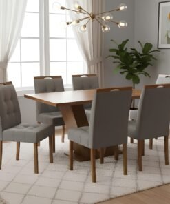 Mesa Classic 160 Cinamomo Laminado com 6 Cadeiras Sophia Veludo Cinza Grafite – CEL MÓVEIS + WM DECOR