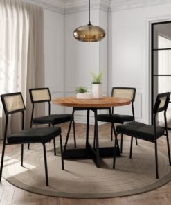 Mesa Átria 1594 Redonda 100 Preto/Nogal com 4 Cadeiras Lux 1741 Preto/Linho Grafite/Corino Preto – CARRARO MÓVEIS