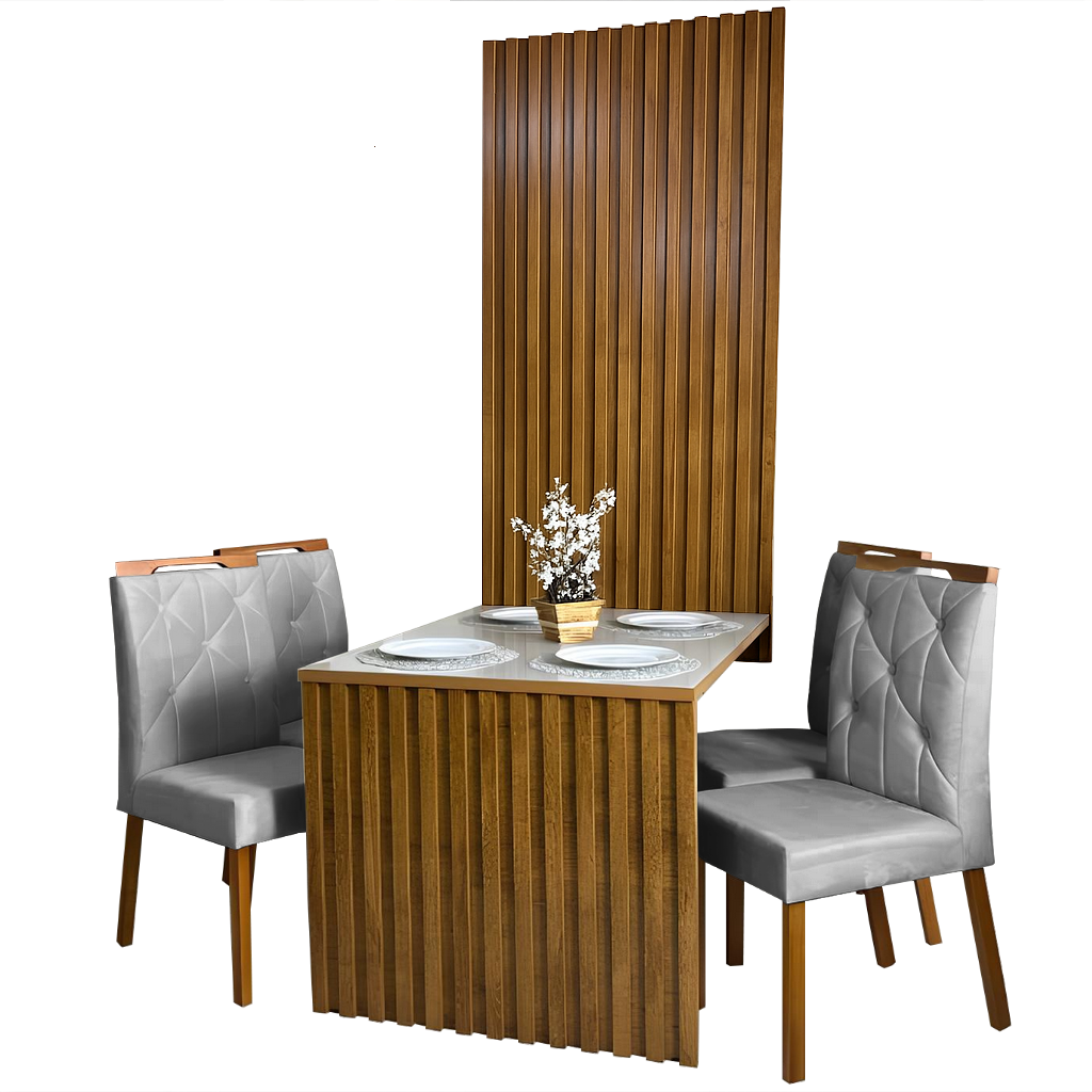 Mesa Cancun 120 Cinamomo/Off White com 4 Cadeiras Yasmim Veludo Cinza – CEL MÓVEIS + KM DECOR - Imagem 2