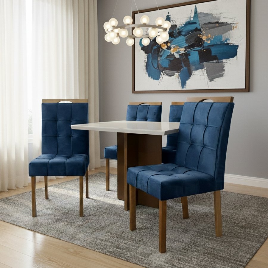 Mesa Salinas 90 Cinamomo/Off White com 4 Cadeiras Sophia Veludo Azul – CEL MÓVEIS + WM DECOR - Imagem 3