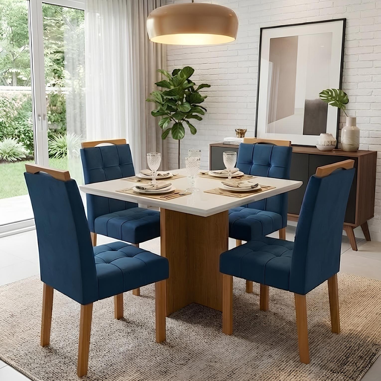 Mesa Salinas 90 Cinamomo/Off White com 4 Cadeiras Sophia Veludo Azul – CEL MÓVEIS + WM DECOR