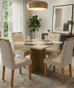 Mesa Salinas/Helô/Los Angeles 90 Cinamomo/Off White com 4 Cadeiras Sophia Linho Bege 200 – CEL MÓVEIS + WM DECOR