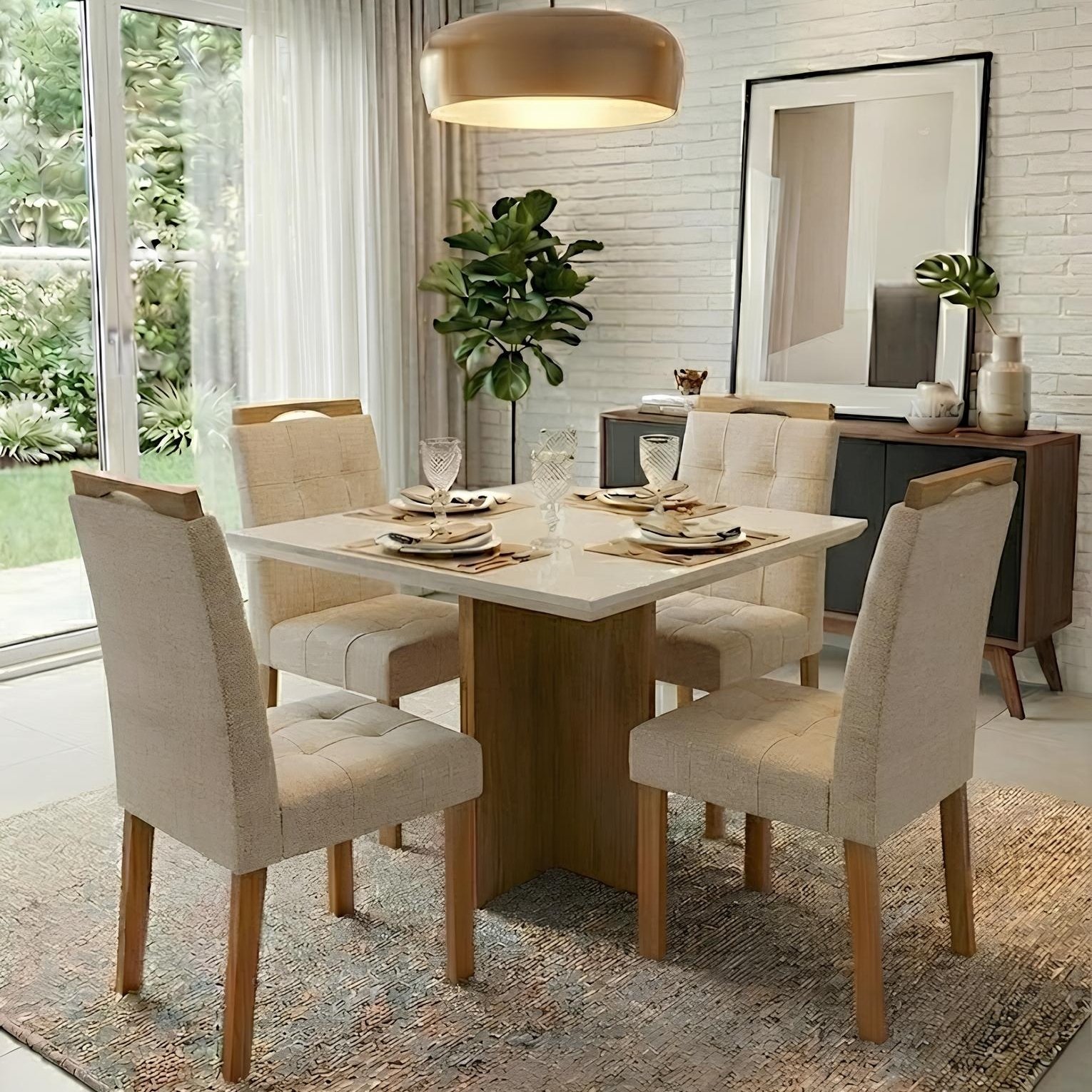 Mesa Salinas/Helô/Los Angeles 90 Cinamomo/Off White com 4 Cadeiras Sophia Linho Bege 200 – CEL MÓVEIS + WM DECOR