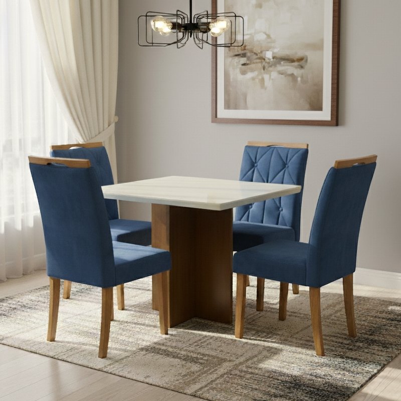Mesa Salinas/Helô/Los Angeles 90 Cinamomo/Off White com 4 Cadeiras Yasmim Veludo Azul – CEL MÓVEIS + KM DECOR