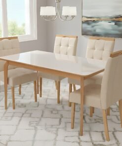 Mesa Alegra 120 Cinamomo/Off White com 4 Cadeiras Sophia Veludo Bege – JCM MOVELARIA + WM DECOR