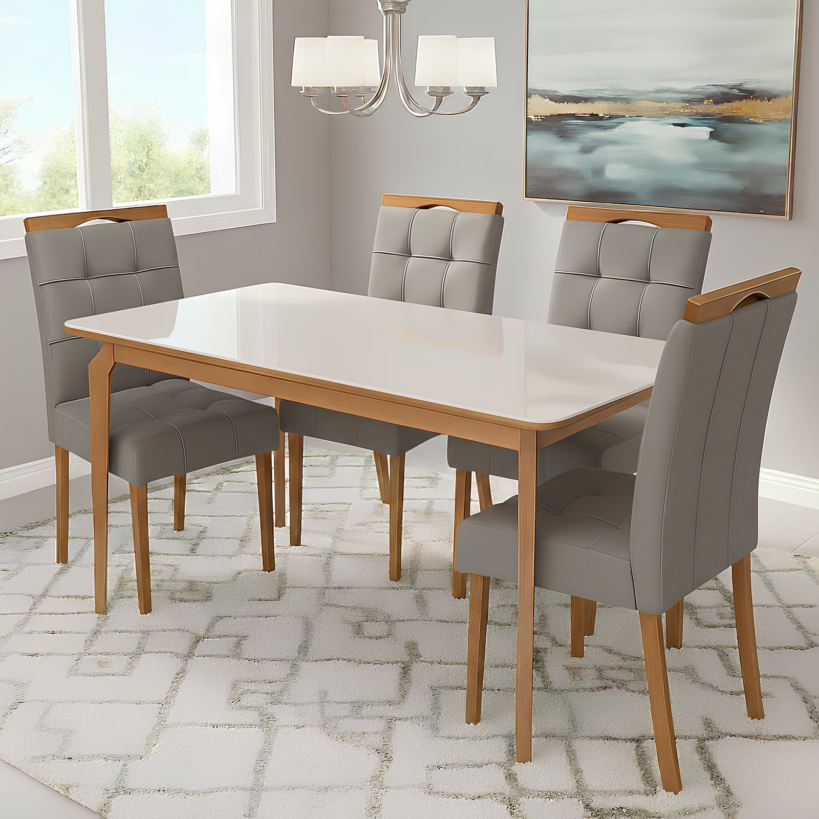 Mesa Alegra 120 Cinamomo/Off White com 4 Cadeiras Sophia Veludo Cinza Grafite – JCM MOVELARIA + WM DECOR