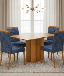 Mesa Recife 120 Cinamomo Laminado com 4 Cadeiras Sophia Veludo Azul – CEL MÓVEIS + WM DECOR
