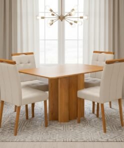 Mesa Recife 120 Cinamomo Laminado com 4 Cadeiras Sophia Veludo Bege – CEL MÓVEIS + WM DECOR