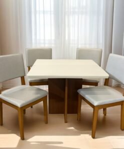 Mesa Salinas/Helô/Los Angeles 90 Cinamomo/Off White com 4 Cadeiras Pérola Linho Cinza Prata – CEL MÓVEIS + DOBUÊ MOVELARIA