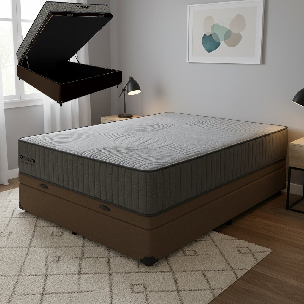Colchão Casal Exclusive Foam HR 33 + Base Box Baú Corino Marrom – ORTOBOM + BIOSTAR