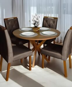 Mesa Redonda Simpatia 108 Cinamomo com 4 Cadeiras Yasmim Veludo Marrom – JCM MOVELARIA + KM DECOR