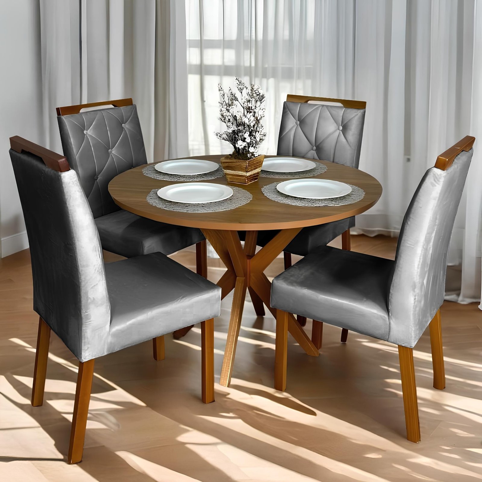Mesa Redonda Simpatia 108 Cinamomo com 4 Cadeiras Yasmim Veludo Cinza Grafite – JCM MOVELARIA + KM DECOR