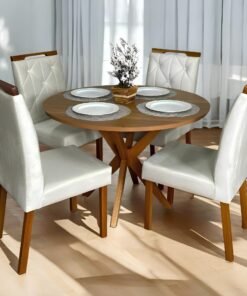 Mesa Redonda Simpatia 108 Cinamomo com 4 Cadeiras Yasmim Veludo Bege – JCM MOVELARIA + KM DECOR