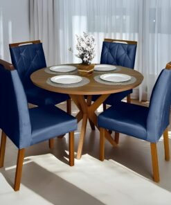 Mesa Redonda Simpatia 108 Cinamomo com 4 Cadeiras Yasmim Veludo Azul – JCM MOVELARIA + KM DECOR