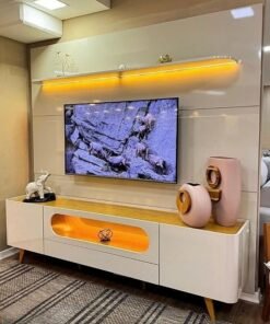 Painel até 85″ Royal 220 Off White + Rack Nobre 210 (Pés de Madeira) Off White/Naturale – GELIUS