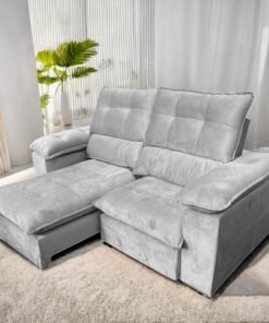 Sofá Retrátil e Reclinável Suíça 2,10 m Veludo Cinza Prata - LEO DECOR (PROMOÇÃO - LEVE AVARIA)