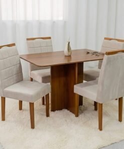 Mesa Salinas 120 (Tampo Londres s/vidro) Cinamomo/Off White com 4 Cadeiras Las Vegas Veludo Bege 01 – CEL MÓVEIS + OURO DECOR