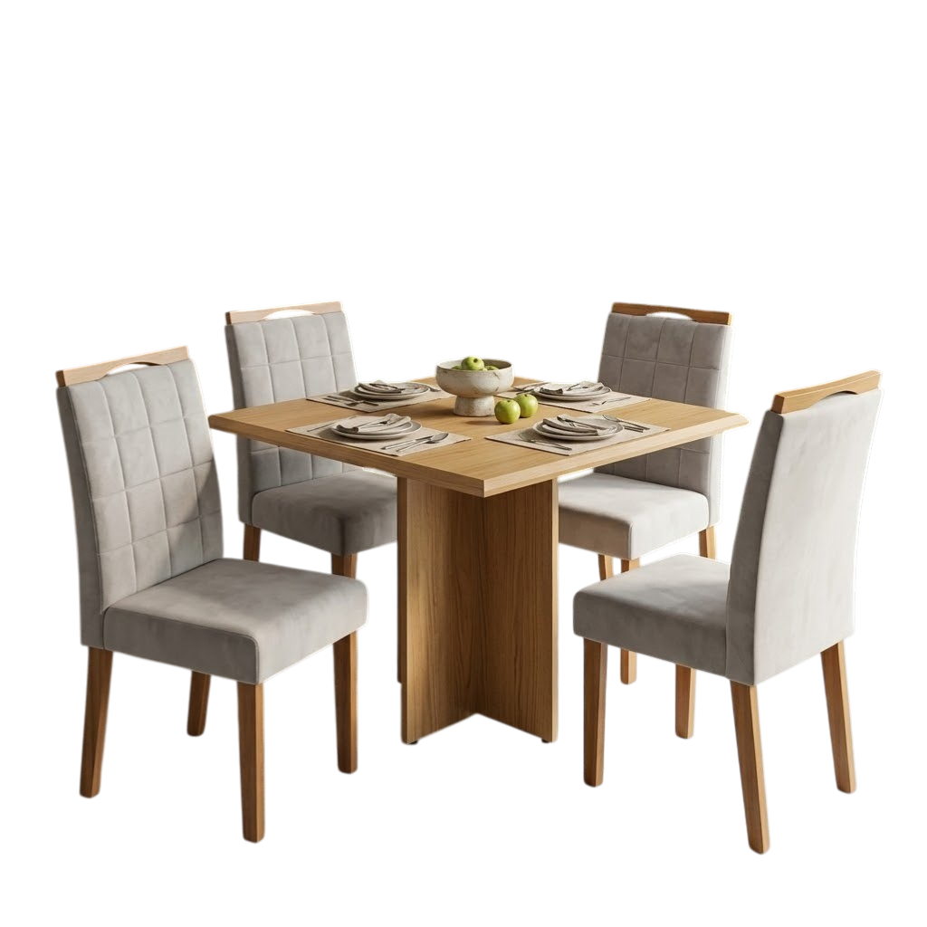 Mesa Pérola 90 Imbuia Mel (Tampo Viena s/vidro) com 4 Cadeiras Las Vegas Veludo Bege 01 – CARVALHO DECOR + OURO DECOR - Imagem 2