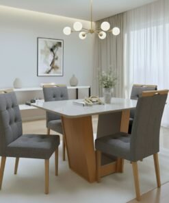 Mesa Apogeu (Tampo Maxi) 120 Amêndoa Clean/Off White com 4 Cadeiras Sophia Linho Cinza Grafite 206 – LOPAS + WM DECOR