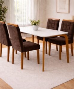 Mesa Capri 120 (C/Vidro) Cinamomo/Off White com 4 Cadeiras Las Vegas Veludo Marrom 17 – MÓVEIS VALVERDE + OURO DECOR