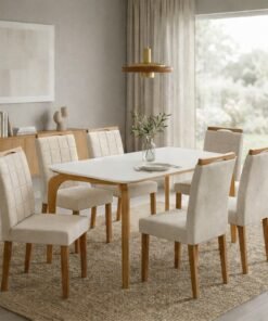 Mesa Capri 160 (C/Vidro) Cinamomo/Off White com 4 Cadeiras Las Vegas Veludo Bege 01 – MÓVEIS VALVERDE + OURO DECOR