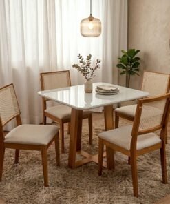 Mesa Pedro 90 Mel/Off White com 4 Cadeiras Dubai Mel/Linho Bege 614 – ART ASSENTOS