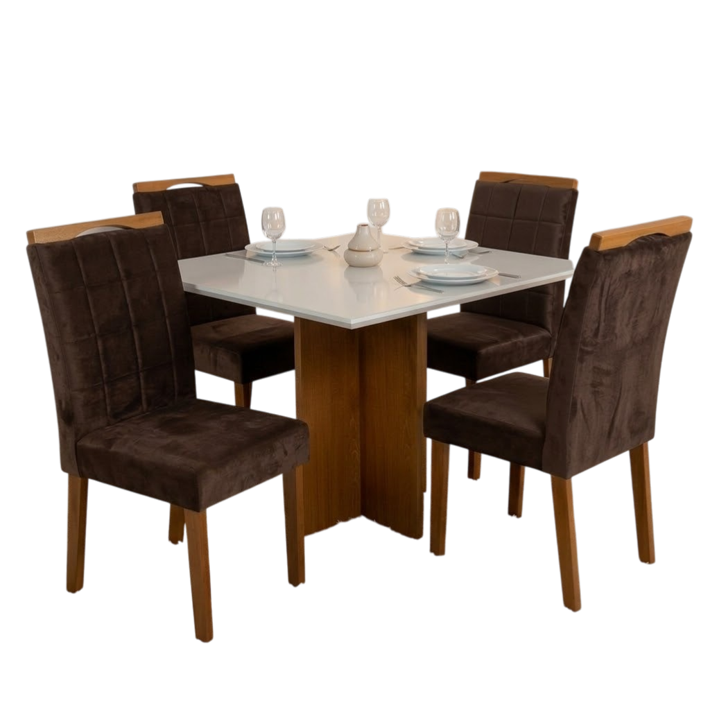 Mesa Salinas 90 (Tampo Dakota c/vidro) Cinamomo/Off White com 4 Cadeiras Las Vegas Veludo Marrom 17 – CEL MÓVEIS + OURO DECOR - Imagem 2
