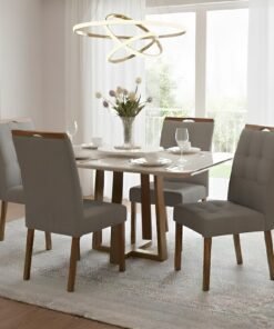 Mesa Pedro 90 Mel/Off White com 4 Cadeiras Sophia Linho Cinza Grafite 206 – ART ASSENTOS + WM DECOR