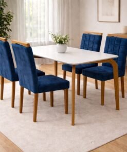 Mesa Capri 120 (C/Vidro) Cinamomo/Off White com 4 Cadeiras Las Vegas Veludo Azul 24 – MÓVEIS VALVERDE + OURO DECOR