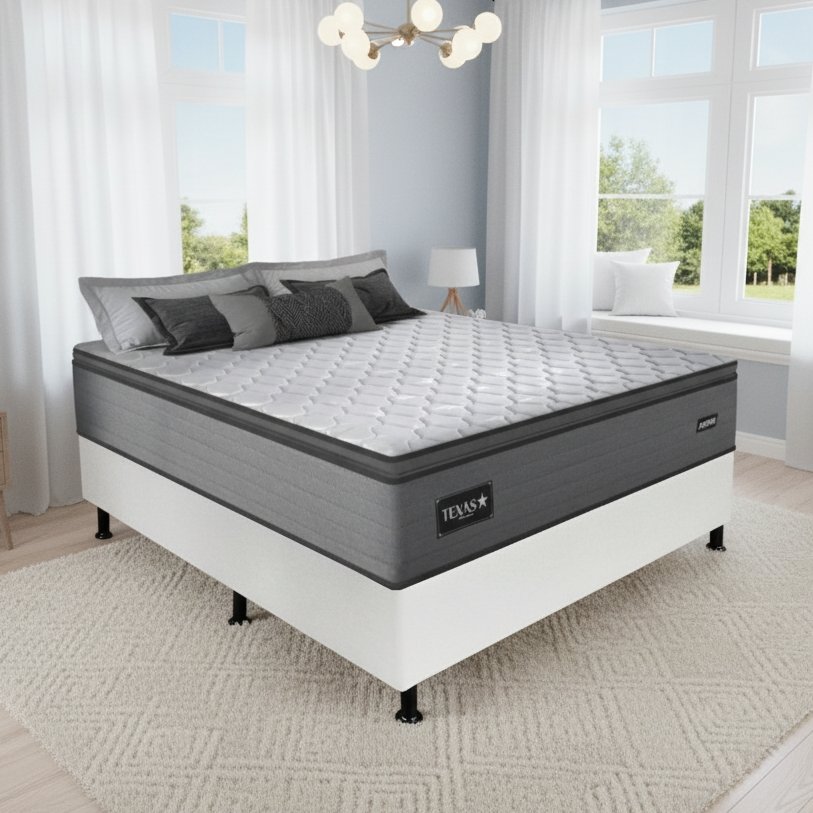 Colchão Casal Texas 29 cm D28 Molas Ensacadas + Base Simples Corino Branco – GAZIN + ALTO NÍVEL