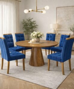 Mesa Redonda Malva 130 Mel com 6 Cadeiras Sophia Veludo Azul 107 – J SILVA MÓVEIS + WM DECOR