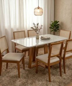 Mesa Pedro 160 Mel/Off White com 6 Cadeiras Dubai Mel/Linho Bege 614 – ART ASSENTOS