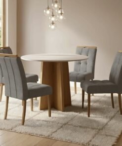 Mesa Redonda Celebrare 100 Amêndoa Clean/Off White com 4 Cadeiras Sophia Linho Cinza Grafite 206 – LOPAS + WM DECOR