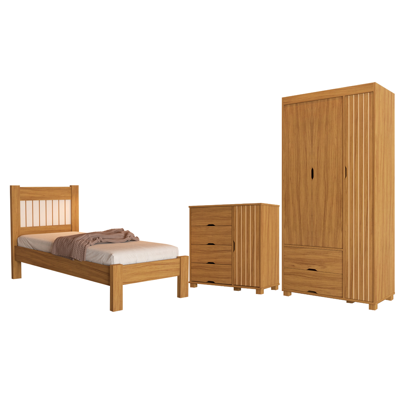 Guarda-Roupa 3 Portas + Cômoda 4 Gavetas com Sapateira + Cama Solteiro Bela Nature - MADEC MÓVEIS - Imagem 4