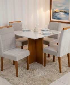 Mesa Salinas 90 (Tampo Dakota c/vidro) Cinamomo/Off White com 4 Cadeiras Las Vegas Veludo Bege 01 – CEL MÓVEIS + OURO DECOR