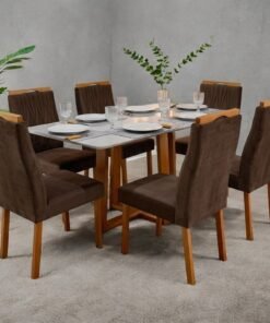 Mesa Pedro 160 Mel/Off White com 6 Cadeiras Gênova Veludo Marrom – ART ASSENTOS
