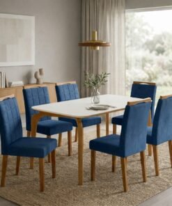 Mesa Capri 160 (C/Vidro) Cinamomo/Off White com 4 Cadeiras Las Vegas Veludo Azul 24 – MÓVEIS VALVERDE + OURO DECOR