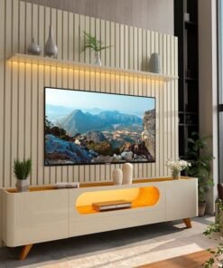 Painel até 85" Nobre 230 Off White + Rack Nobre 210 (Pés de Madeira) Off White/Naturale – GELIUS