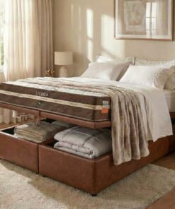 Colchão Queen Lisboa 24 cm D28 Molas Ensacadas + Base Baú Corino Marrom – ECOTEC + ALTO NÍVEL
