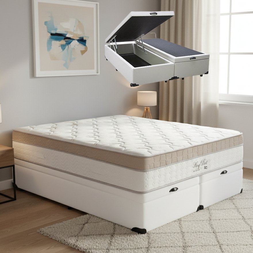 Colchão Queen King Best 28 cm D28 Molas Ensacadas + Base Baú Corino Branco – ANJOS + ALTO NÍVEL