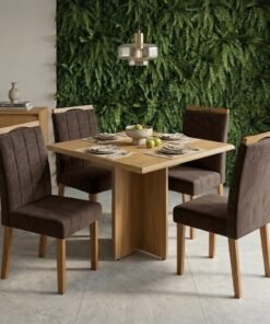 Mesa Pérola 90 Imbuia Mel (Tampo Viena s/vidro) com 4 Cadeiras Las Vegas Veludo Marrom 17 – CARVALHO DECOR + OURO DECOR