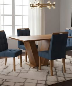 Mesa Classic 120 Cinamomo Laminado com 4 Cadeiras Sophia Veludo Azul – CEL MÓVEIS + WM DECOR