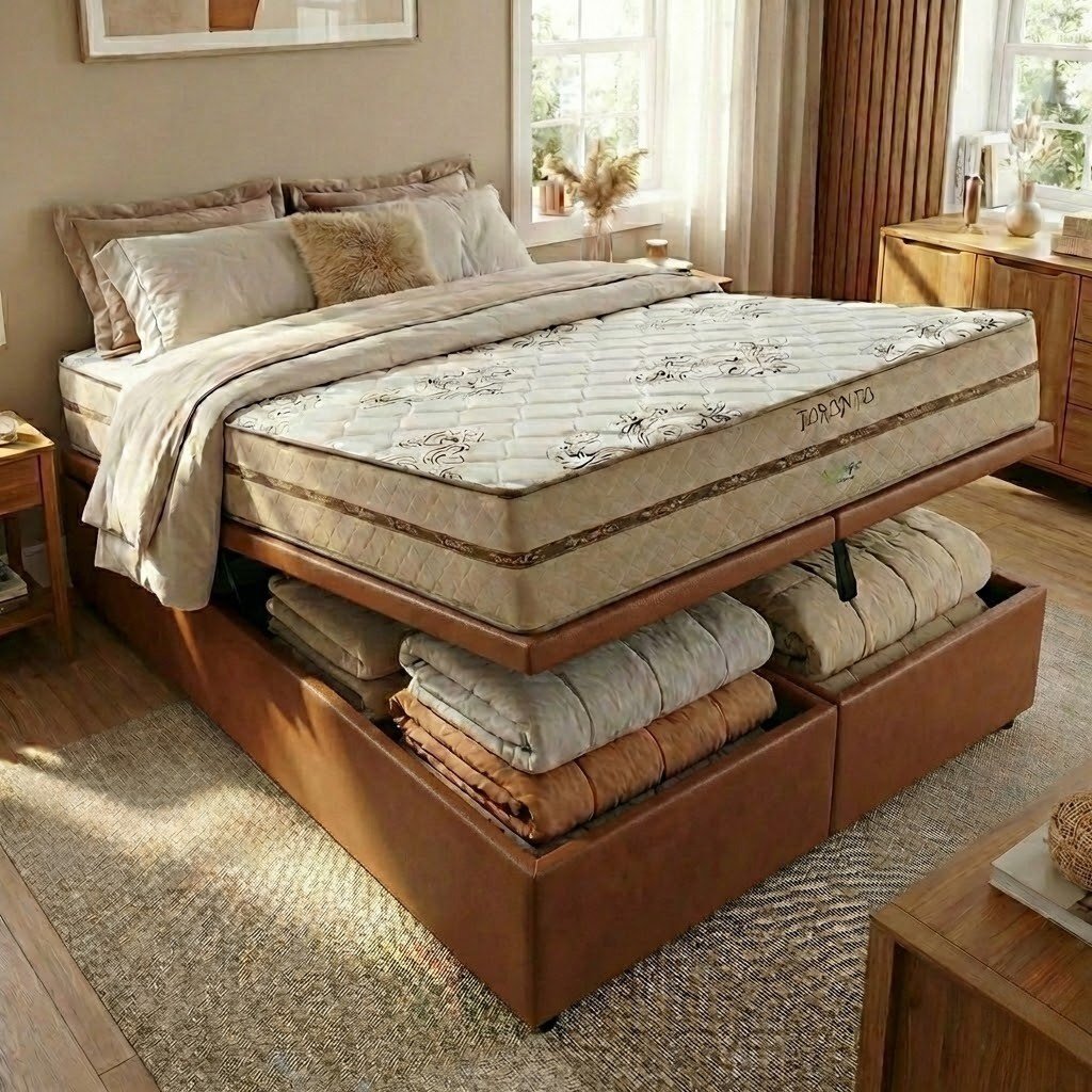 Colchão Queen Toronto 30 cm D28 Molas Ensacadas + Base Baú Corino Marrom – ECOTEC + ALTO NÍVEL
