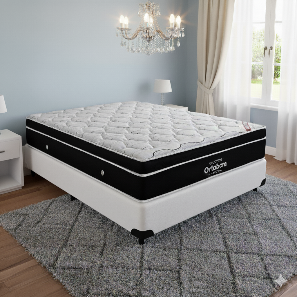 Colchão Casal Elegant Superpocket 28 cm D33 Molas Ensacadas + Base Simples Corino Branco – ORTOBOM + BIOSTAR