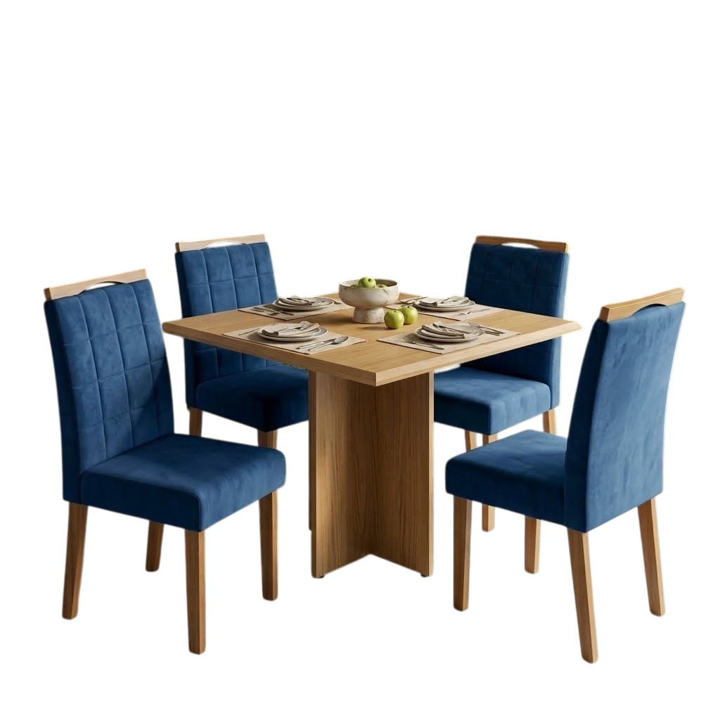 Mesa Pérola 90 Imbuia Mel (Tampo Viena s/vidro) com 4 Cadeiras Las Vegas Veludo Azul 24 – CARVALHO DECOR + OURO DECOR - Imagem 2