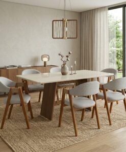 Mesa Damiana BA56 160 Canela/Off White com  6 Cadeiras Ravenna Linho Cinza – KAPPESBERG + GARDIM MÓVEIS