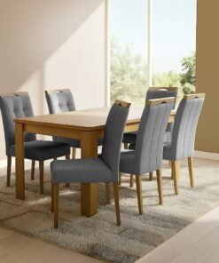 Mesa Athenas 180 Amêndoa Clean com 6 Cadeiras Sophia Linho Cinza Grafite 206 – LOPAS + WM DECOR