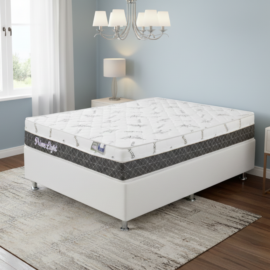 Colchão Casal Prime Light 26 cm D28 Molas Ensacadas + Base Simples Corino Branco – ORTHOPRIME + ALTO NÍVEL