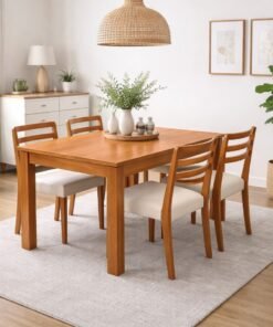 Mesa Athenas 120 Amêndoa Clean com 4 Cadeiras Turquia Mel/Linho Palha 311A – LOPAS + HR MOVELARIA