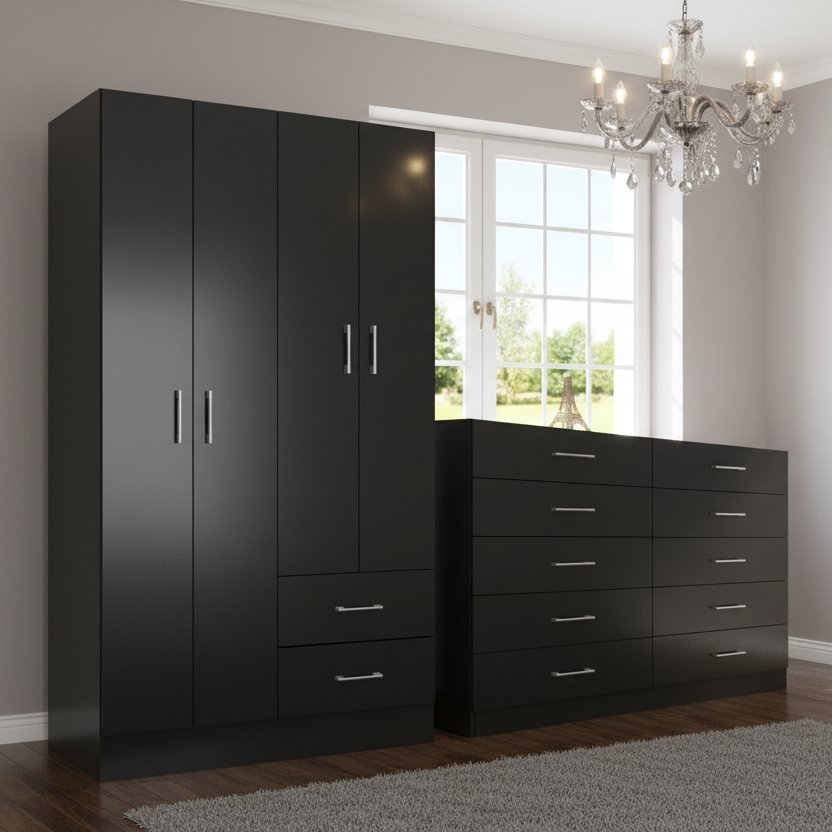 Guarda-Roupa 4 Portas Panamá 4002 + Cômoda 10 Gavetas Caribe Preto – FELLICCI
